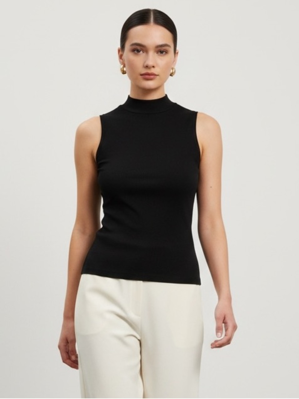 1461 • Black Cotton Modal Stretch Knit Sleeveless Mock Neck Top